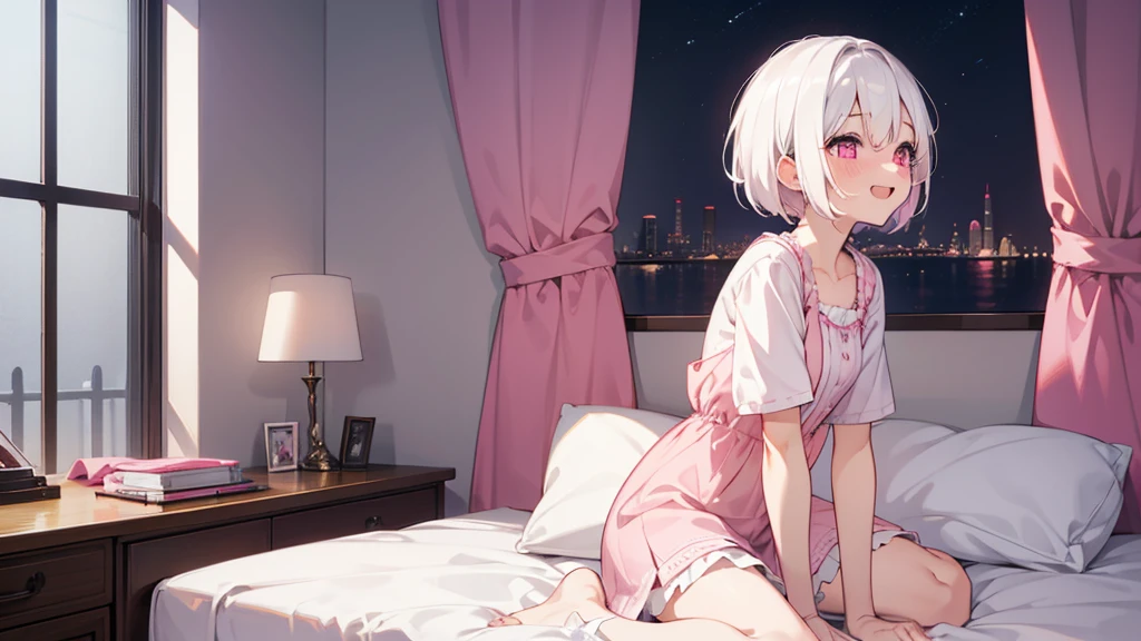 White Hair Girl、Pink Eyes、Short Hair、Only one girl、Night、In the bedroom、Blushing、laughing、Excited、Just One