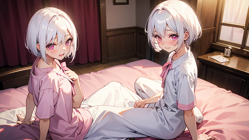 White Hair Girl、Pink Eyes、Short Hair、Only one girl、Night、In the bedroom、Blushing、laughing、Excited、Just One、Sitting on the bed、Wearing only underwear、Sweating、nsfw