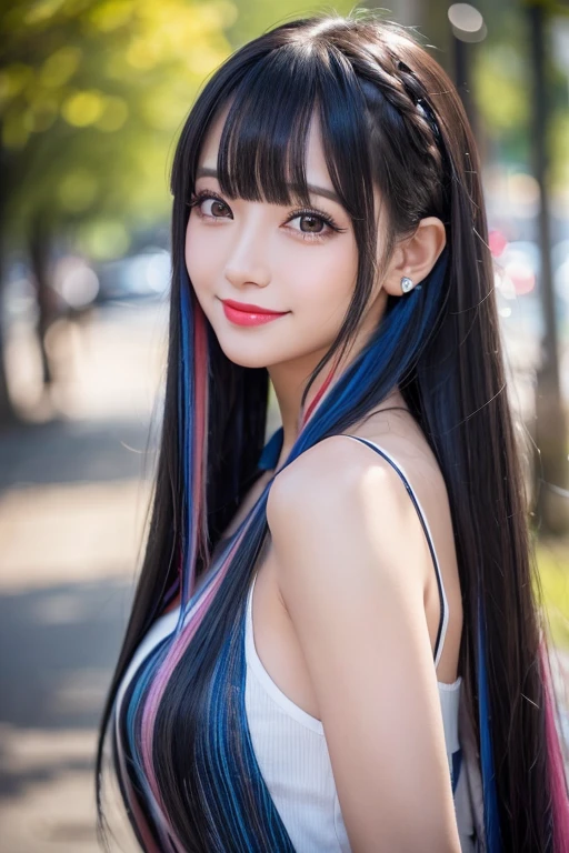 (((A real beauty))), RAW Photos, Black Hair、folder、Round eyes、False eyelashes、Straight Hair, correct、Pink lipstick、Striped Hair、Brown Hair、Blue Hair、(Dark blue hair)、(Gradient Hair)、Asymmetrical Hair、Hair behind the ear、Crossed bangs、Long Hair、(お尻までLong Hair)、Long Hair、Straight bangs、Smooth, silky hair、Hair up on one side、とんでもなくLong Hair、Light brown eyes、Ring Eye、Round eyes、Wicked Smile、A light smile、Cast a Shadow、(Extraordinary presence)、Atmospheric perspective、Backlight、Exposure、Lens flare、、最high quality、超High resolution、超High resolution、Very realistic, masterpiece、correct、Textured skin、high quality、最high quality、Awards、32k, 髪のfolder、Cunning、A light smile、Shy laugh、Redness in the ears、correct、Subjective、Shine、360° View、Very detailed、超High resolution、解剖学的にcorrect、masterpiece、Emphasize the chest、High resolution、High detail、Long eyelashes、A slight blush、Compensate, (((Full Body Shot)))、Arms raised pose、Shooting from a distance、Various angles of view、