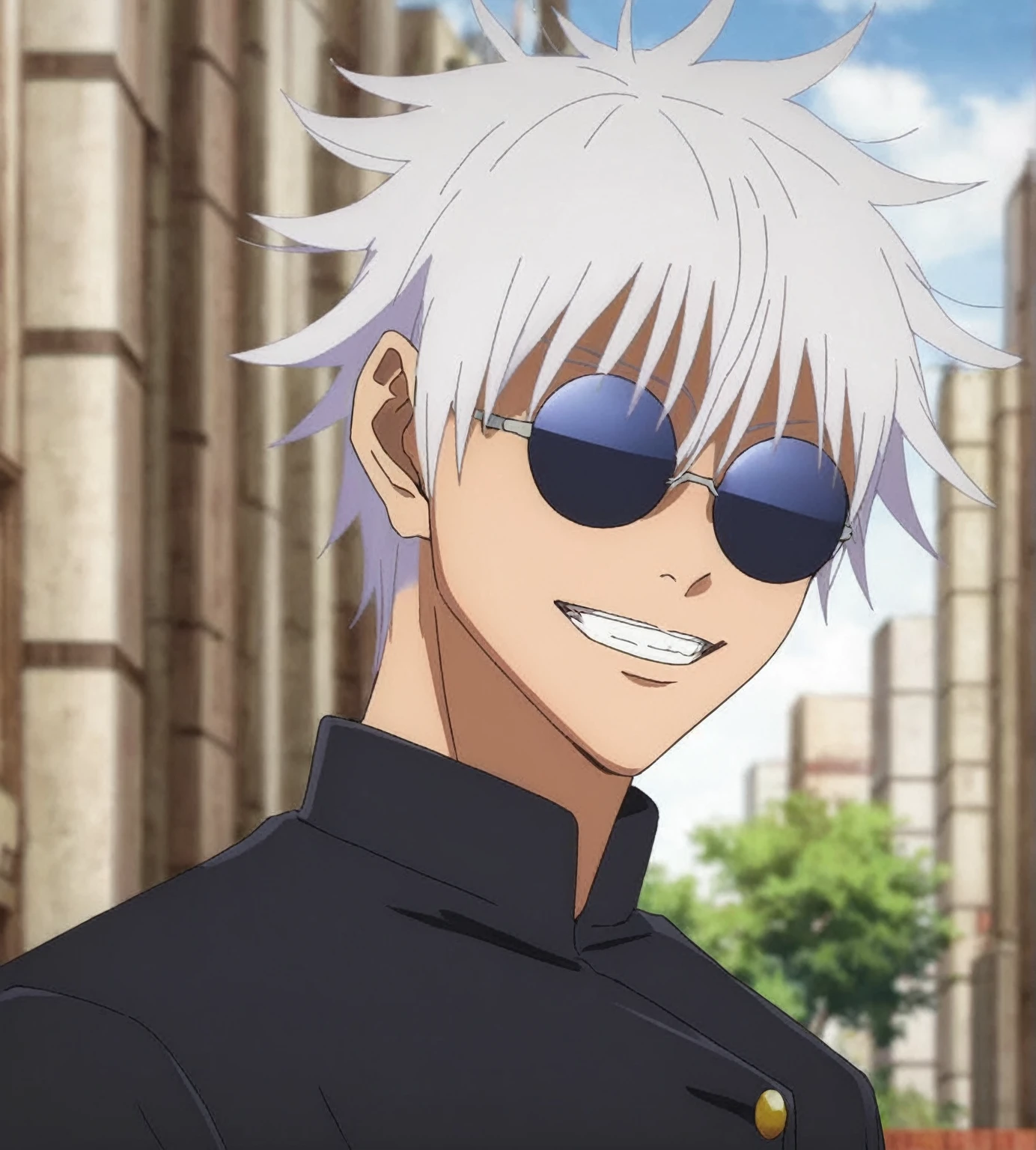 gojou satora, One boy,  In the city , Jacket, Upper Body, Male Focus,  black Jacket, sunglasses, High collar, Round Glasses, gakuran, smile