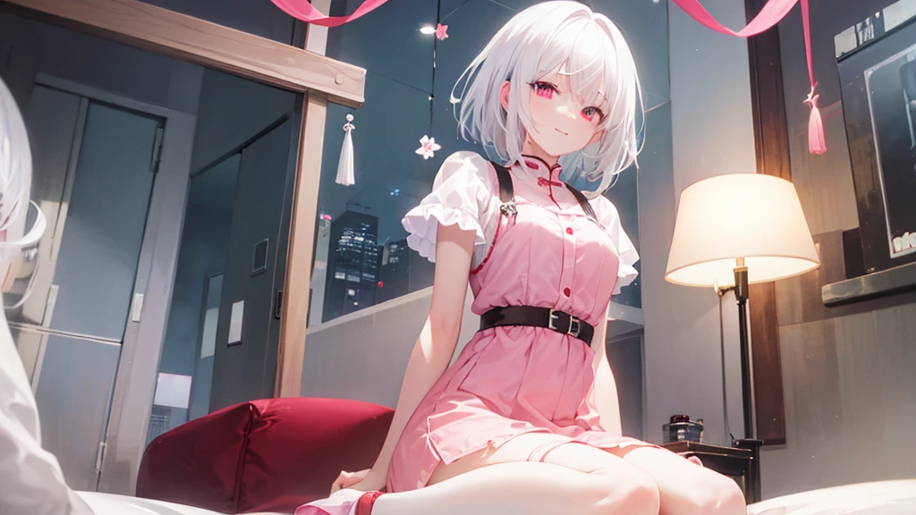 White Hair、Pink Eyes、Short Hair、laughing、Only one girl、alone、Cute、Face is close、Night、Sitting on the bed