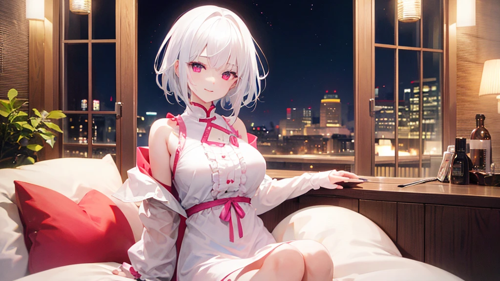 White Hair、Pink Eyes、Short Hair、laughing、Only one girl、alone、Cute、Face is close、laughing、Night、Lying in bed