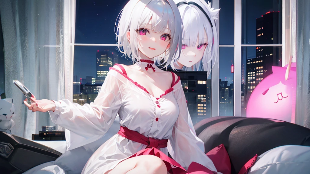 White Hair、Pink Eyes、Short Hair、laughing、Only one girl、alone、Cute、Face is close、Night、Sitting on the bed