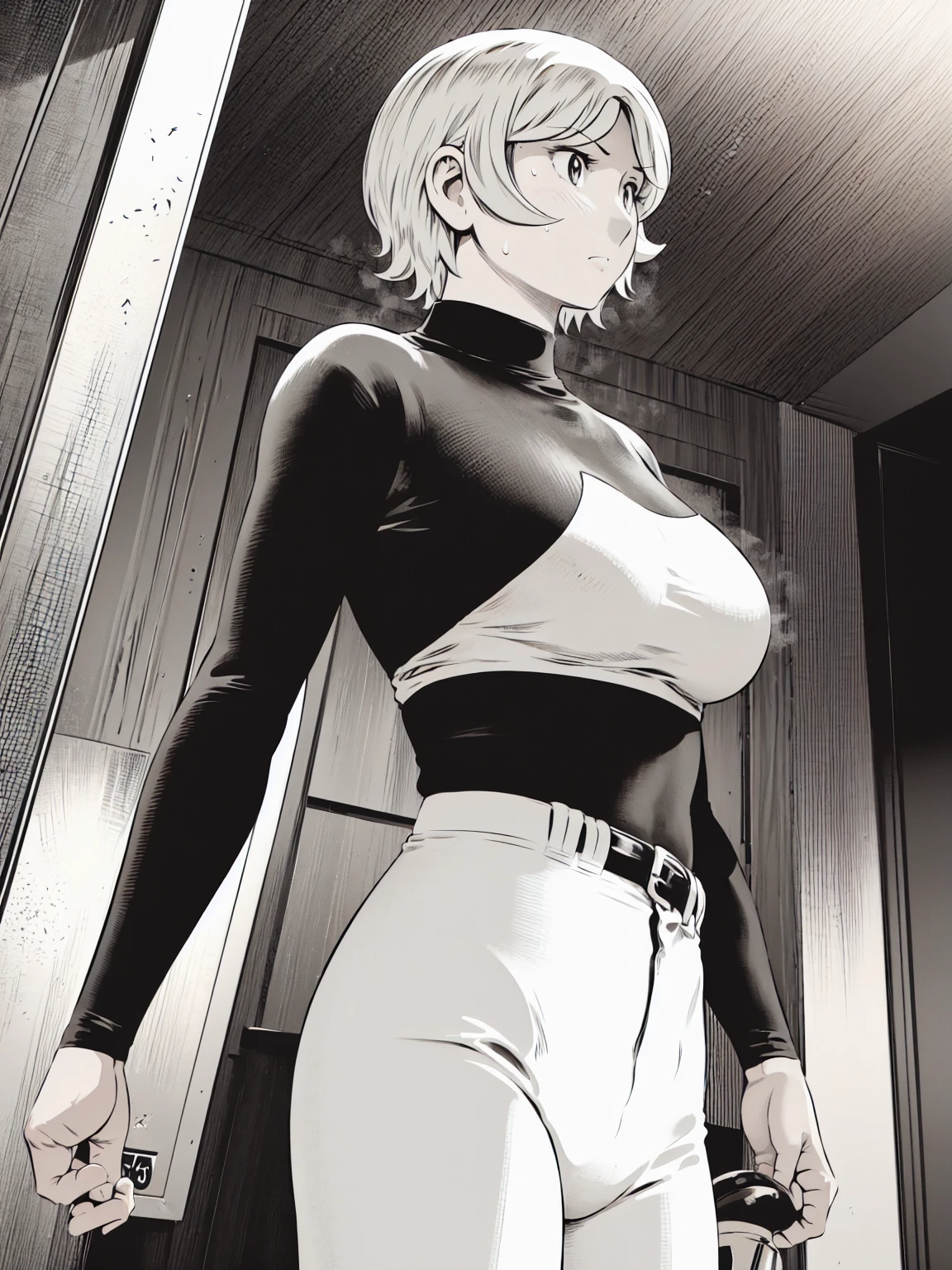 、(masterpiece、Highest quality)、Highest quality, Ultra-high resolution, (((masterpiece))), alone, Sweat、Big eyes,Tight black shirt、Tight white pants、belt、indoor、Composition from the front、（Cut the back hair short、short hair、blonde、woman）、Shortcuts、Embarrassed face、Cut your hair short、可愛いwomanの子、Big Breasts、Inside the room、Full Color、Baseball uniform