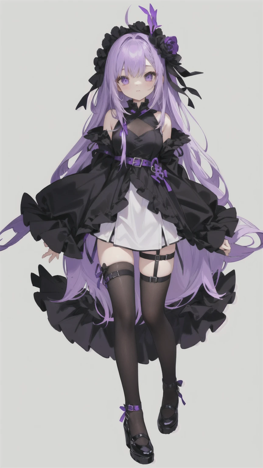 Black and white dresses　Purple Hair　Black Costume　Belt on torso