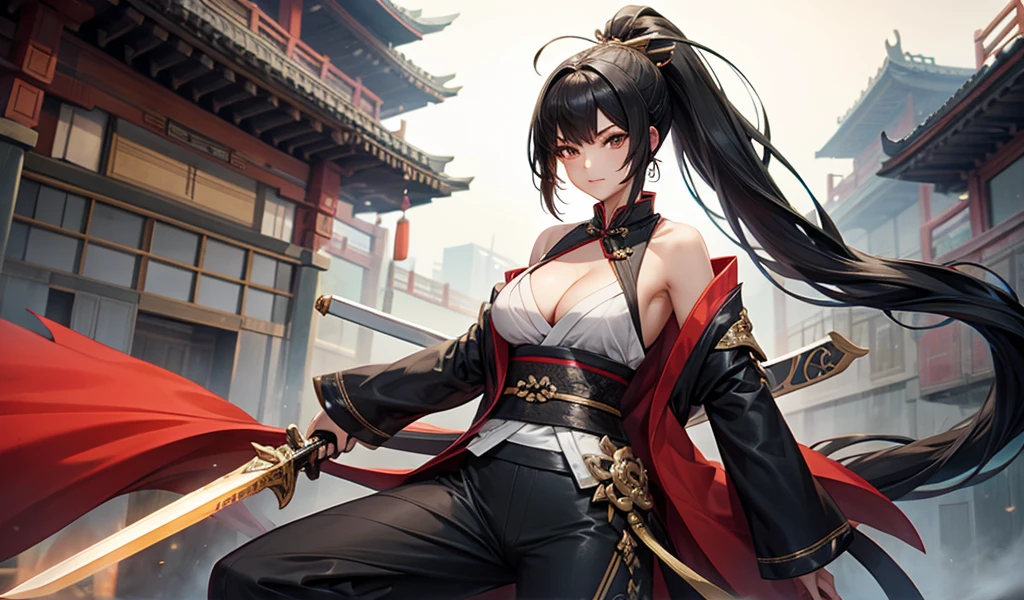Beauty with black hair and long ponytail,Bare arms,Sleeveless kimono,cleavage,long pants,Long sword,Chinese cities
