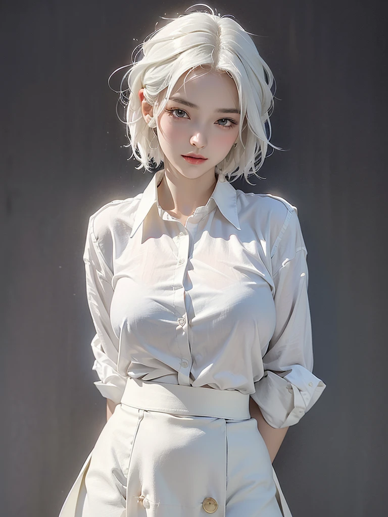 ((masterpiece, best quality)), (1 girl), (alone), (female focus), (ahog, white hair, short hair), black eyes, ((White shirt), (button shirt)), ((black skirt), (short skirt)), permanent, White background, Put your arms behind your back,(huge breast),camel toe, wet, เหงื่อ,