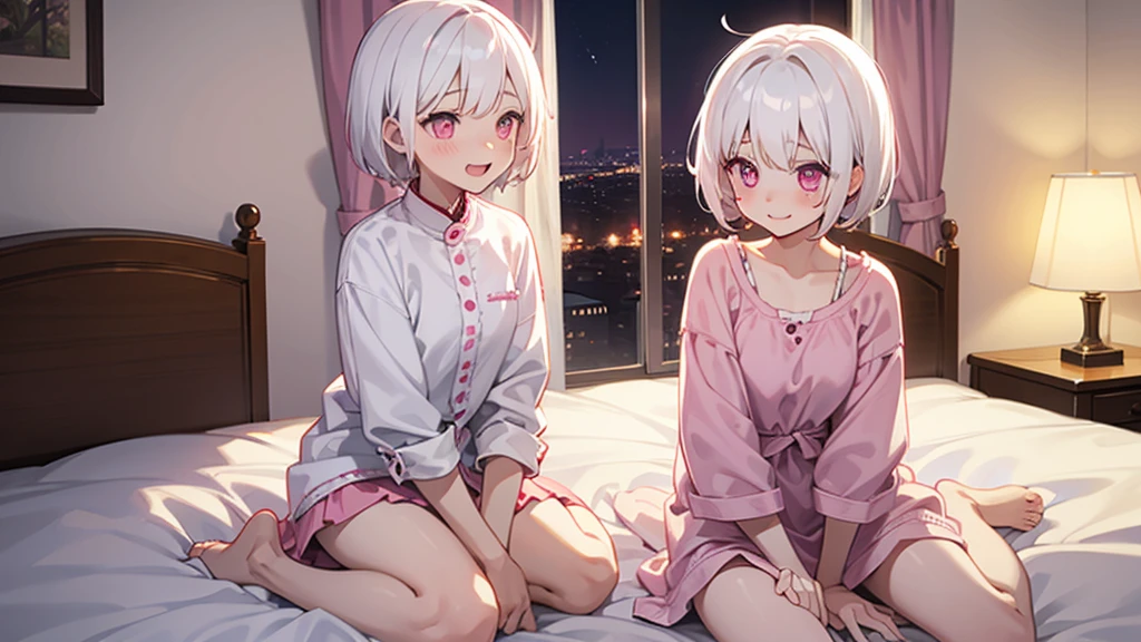 White Hair Girl、Pink Eyes、Short Hair、Only one girl、Night、In the bedroom、Blushing、laughing、Excited、Just One、Sitting on the bed