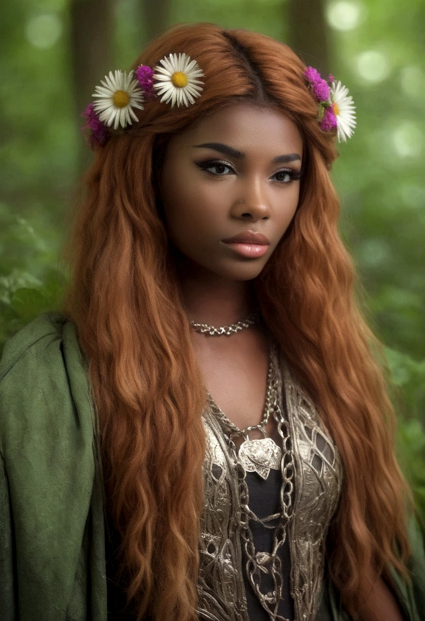 dark skin, detailed beautiful young woman, reddish golden brown hair, long, wavy and messy hair, detaiiled perfect green eyes, delicate symmetric realistic and beautiful face, (magic forest backgroung),  ranger outfit leather armored, fairy, wild flowers blending into hair, full body, masterpiece, absurdres,fine detail, rich colors, dramatic lighting, extremely detailed, cinematic lighting