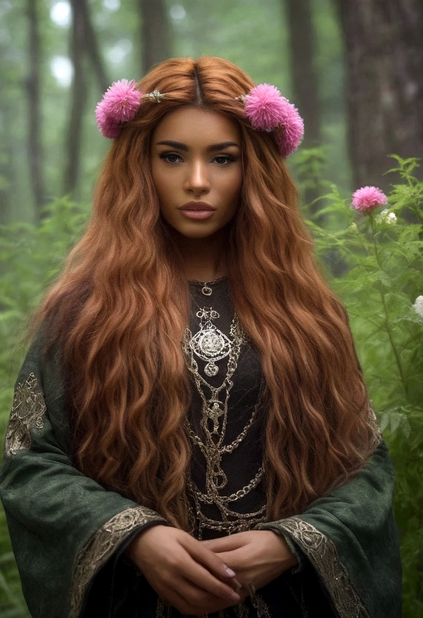 dark skin, detailed beautiful young woman, reddish golden brown hair, long, wavy and messy hair, detaiiled perfect green eyes, delicate symmetric realistic and beautiful face, (magic forest backgroung),  ranger outfit leather armored, fairy, wild flowers blending into hair, full body, masterpiece, absurdres,fine detail, rich colors, dramatic lighting, extremely detailed, cinematic lighting