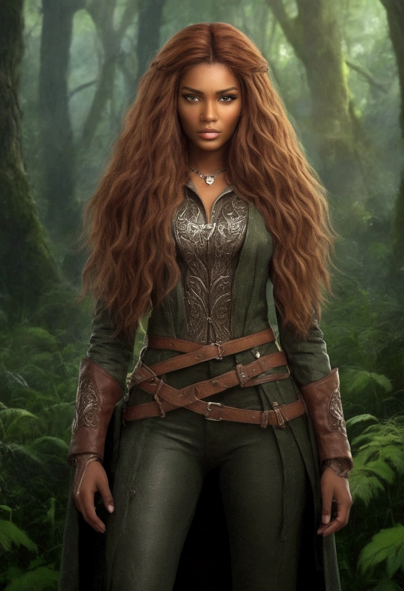 dark skin, detailed beautiful young woman, reddish golden brown hair, long, wavy and messy hair, detaiiled perfect green eyes, delicate symmetric realistic and beautiful face, (magic forest backgroung),  ranger outfit leather armored, fairy, wild flowers blending into hair, full body, masterpiece, absurdres,fine detail, rich colors, dramatic lighting, extremely detailed, cinematic lighting