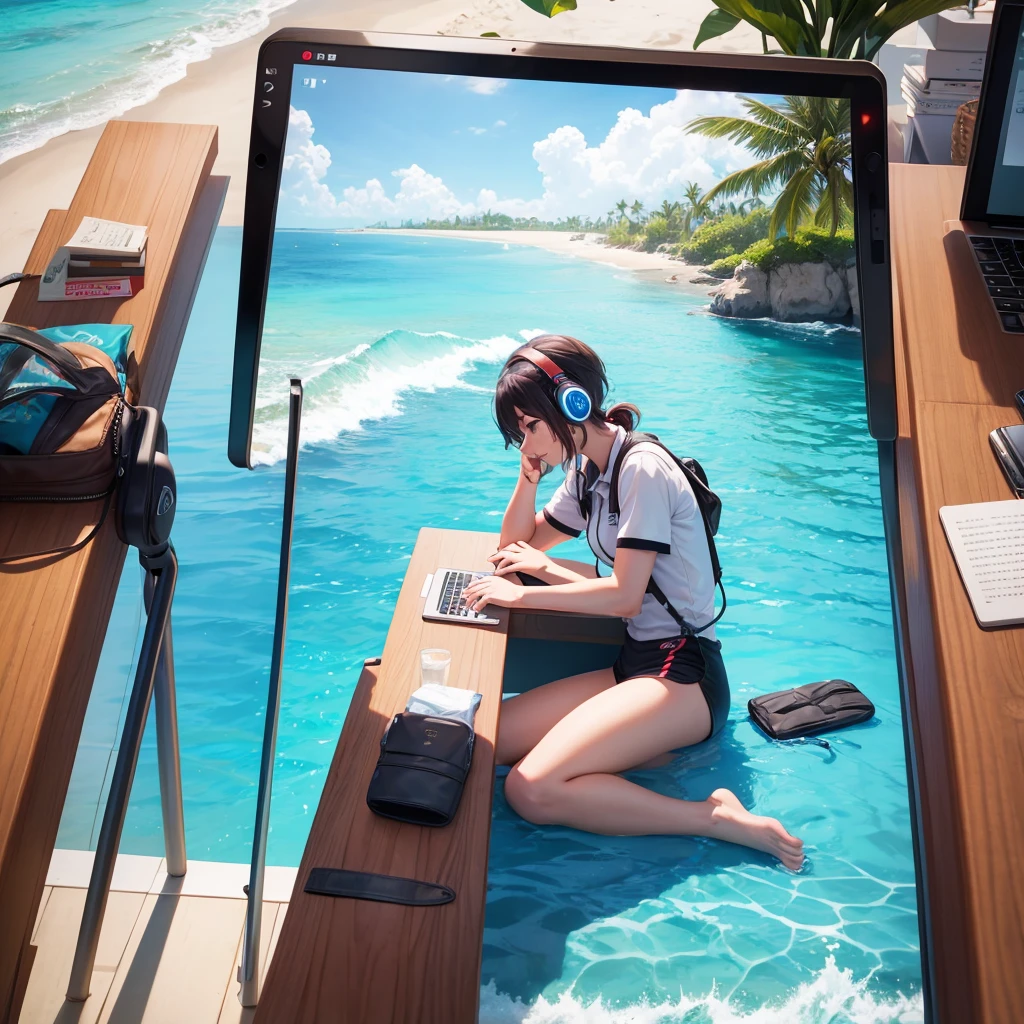 Nomad Worker　Have a smart laptop　YouTube Icon　An illustration　male　Beachside　