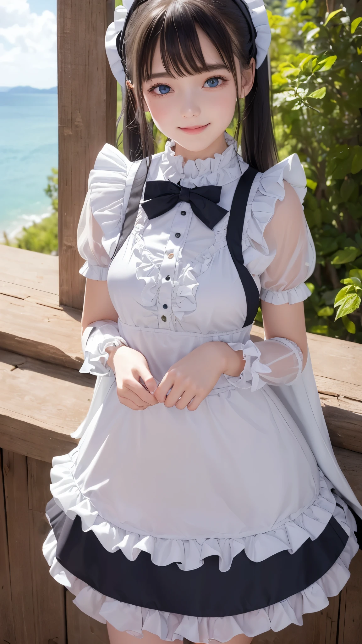 ((masterpiece)), ((highest quality、Ultra high definition)), (Very detailed),8K、Photo quality、((Amazingly cute girl)),( ), Two people, , (Beautiful emerald blue eyes), ((smile)),In the open-air bath overlooking the sea, Beautifully arranged black hair in twin tails、whole body、((Super high-end white see-through summer gothic lolita maid costA super mini skirt with lots of frills))、Professional Lighting、(White lace knee-highore detailed and beautiful)、(More details and cutenesore realistic)、(((Just wear light clothing)))、