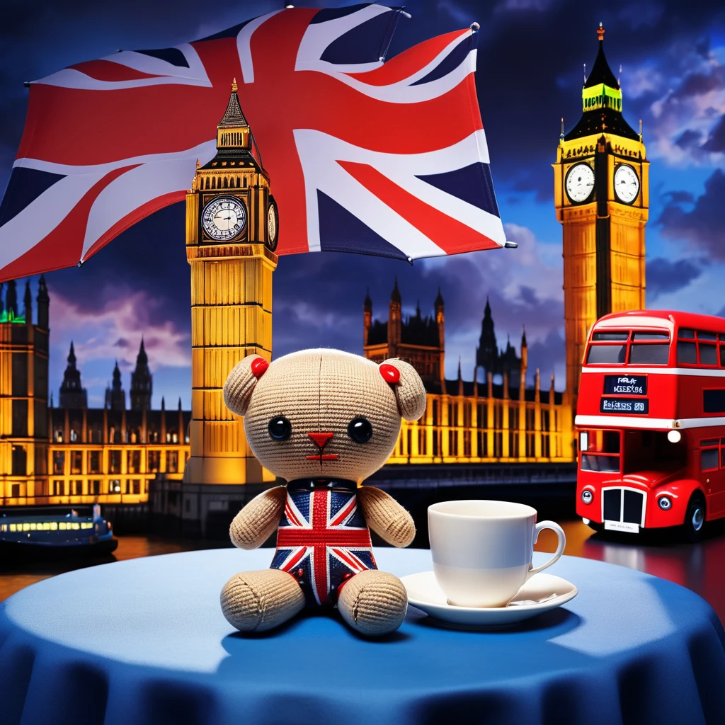 (knitted toy voodoo doll:1.7), (Voodoo Doll:1.3), (Clothing: modern British attire with Union Jack patterns:1.0), (Accessories: enchanted umbrella emitting soft blue light, levitating teacups:1.1), (background: iconic Big Ben with floating Union Jacks, glowing red buses, and sparkling Thames River:1.2), best quality, masterpiece, detailed soft oil painting, detailed background, dramatic cinematic lighting, soft edge lighting, professional, dramatic lighting, hard edge lighting, ultra quality, 4k, masterpiece, best quality, 8k, ultra high definition, high resolution, extremely detailed