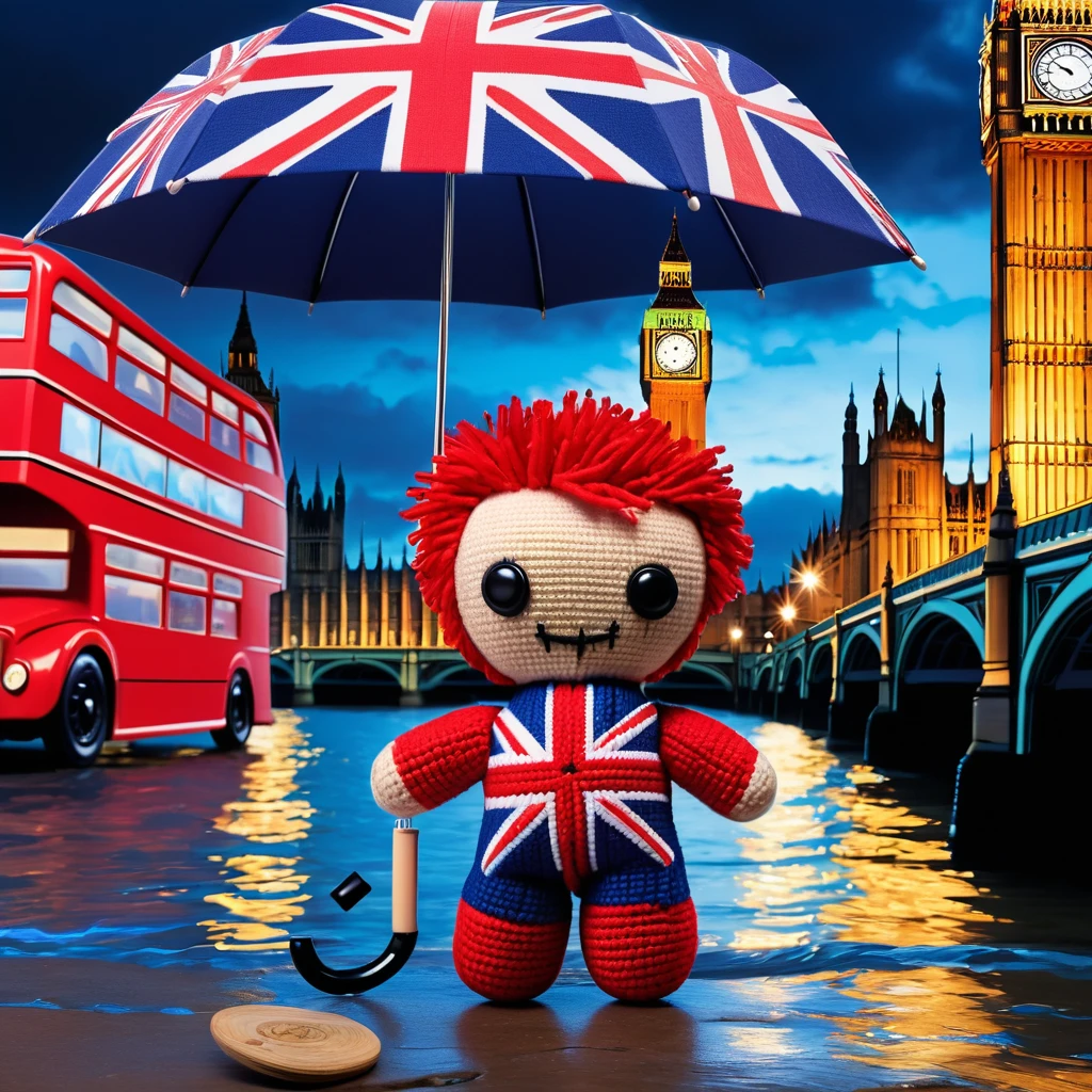 (knitted toy voodoo doll:1.7), (Voodoo Doll:1.3), (Clothing: modern British attire with Union Jack patterns:1.0), (Accessories: enchanted umbrella emitting soft blue light, levitating teacups:1.1), (background: iconic Big Ben with floating Union Jacks, glowing red buses, and sparkling Thames River:1.2), best quality, masterpiece, detailed soft oil painting, detailed background, dramatic cinematic lighting, soft edge lighting, professional, dramatic lighting, hard edge lighting, ultra quality, 4k, masterpiece, best quality, 8k, ultra high definition, high resolution, extremely detailed