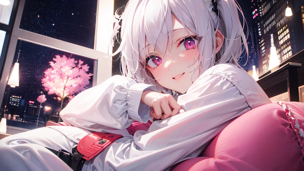 White Hair、Pink Eyes、Short Hair、laughing、Only one girl、alone、Cute、Face is close、Night、Sitting on the bed
