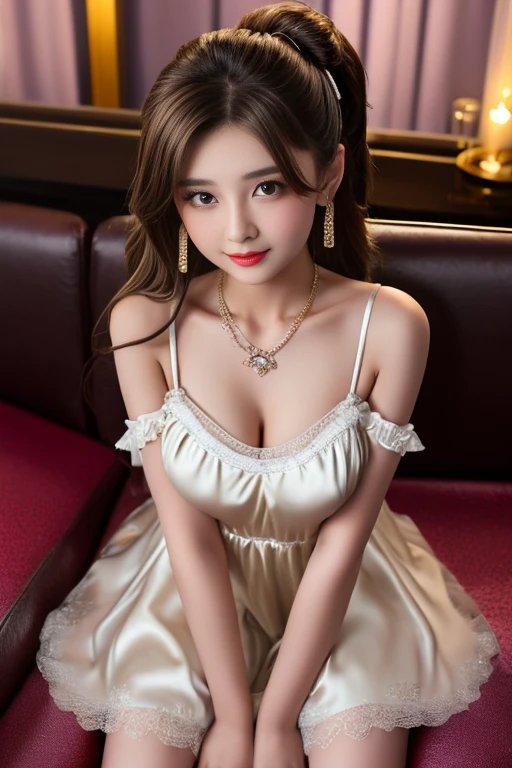 nsfw,uhd,8K,Highest quality, masterpiece, Ultra-high resolution,accurate, textured skin, retina, high details, high quality, best quality, highres, Realistic:1.3, RAW Photos,18-year-old,Cute expression:1.2,Calm Eyes:1.0,((A cute cabaret girl with a hint of youth)),cute:1.5,Female college student,Japanese,Cute face:1.4,and gisaaka,1 Female,Improve,compensate,(Glossy lipstick),(eyeliner:1.0),mascara,eye shadow, Glamour, Small breasts,Blonde and brown hair,,Blonde,Long Hair,Wavy Hair,Cute smile:1.5,Fashionable necklaces,Earrings,Drill Hair,Half Up,Side Ponytail,Hair Bun,Soft and fluffy,,Slip dress,Satin dress,(Rose_printing),(red cocktail Satin dress),A luxurious nightclub with a gorgeous atmosphere,Leather sofa to sit on,Champagne bottle,wine glass,Full Body Shot,(From above),(Leaning forward:1.3), (hands on knees:1.3),From the chest up