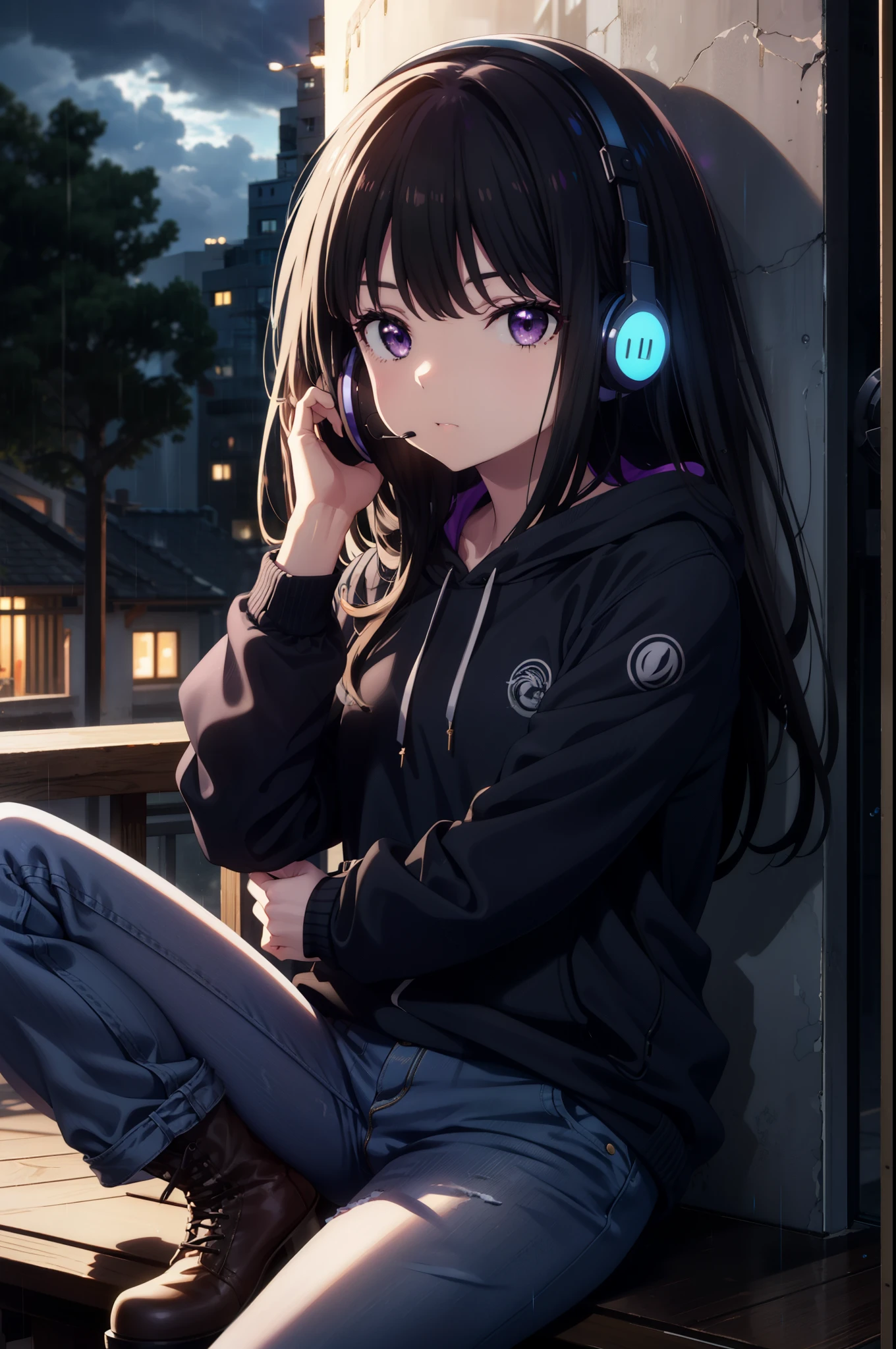 Takiuchikami, Check it out, Long Hair, bangs, Black Hair, (Purple eyes:1.2),Oversized blue hoodie,Wired headphones,jeans,short boots,Sitting on the steps of a building,Hiding in a roofed building,whole bodyがイラストに入るように,rain,cloudy,night,
break outdoors, Building district,
break looking at viewer, whole body,
break (masterpiece:1.2), Highest quality, High resolution, unity 8k wallpaper, (figure:0.8), (Beautiful attention to detail:1.6), Highly detailed face, Perfect lighting, Highly detailed CG, (Perfect hands, Perfect Anatomy),