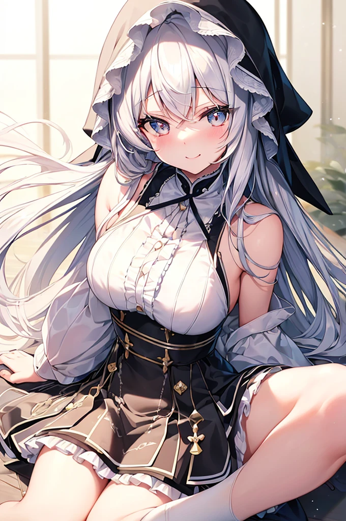 ((Highest quality)), ((masterpiece)), ((Very detailed)), (Very mature),A cute high school girl with a gentle look, white hair and about 165cm tall.,A female high school student with big breasts and a cute smile wearing a transparent black waifus with a cute patterned hood that shows off her shoulders, 顔が若干縦方向に長いbright笑顔の女性,Small Faced Woman,alone, Cute attitude,(background(bright),Long Hair - Straight,Knee-high socks、A transparent white veil with a cute pattern and a hood with white off-the-shoulders,White wall、Sitting、Facing the viewer、縁に模様がある壁が1面のbackground