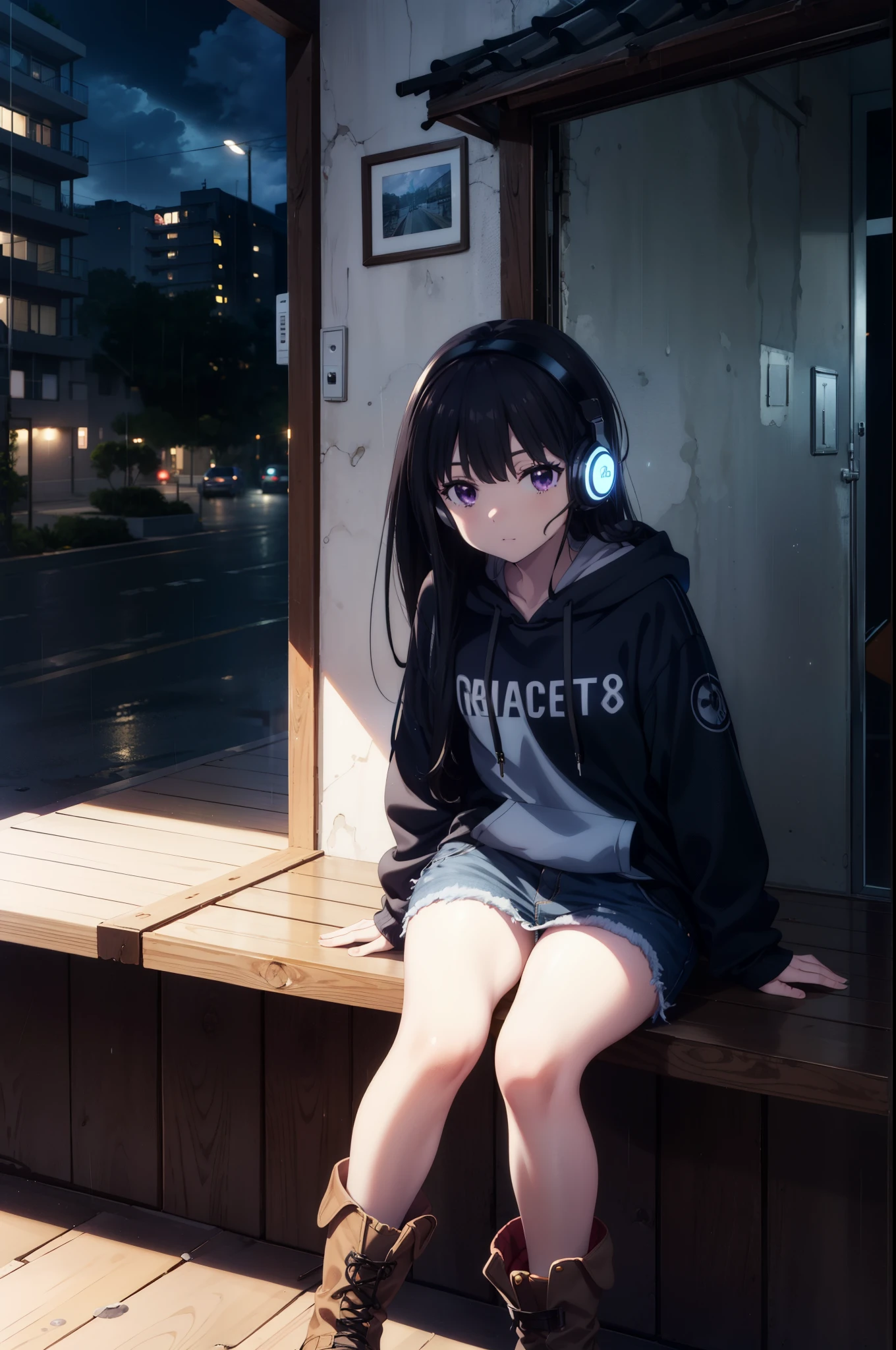 Takiuchikami, Check it out, Long Hair, bangs, Black Hair, (Purple eyes:1.2),Oversized blue hoodie,Wired headphones,jeans,short boots,Sitting on the steps of a building,Hiding in a roofed building,whole bodyがイラストに入るように,rain,cloudy,night,
break outdoors, Building district,
break looking at viewer, whole body,
break (masterpiece:1.2), Highest quality, High resolution, unity 8k wallpaper, (figure:0.8), (Beautiful attention to detail:1.6), Highly detailed face, Perfect lighting, Highly detailed CG, (Perfect hands, Perfect Anatomy),
