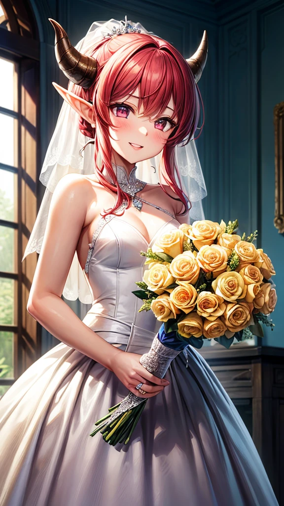 (masterpiece, top quality, best quality, official art, beautiful and aesthetic:1.2), (1girl:1.3), extremely detailed, official artstyle, highest detailed, parted lips,wallpaper, pink eyes, long hair, beautiful red hair, ponytail hairstyle, elf ears, two horns, black horns, bangs, (happiness, beautiful smile, happy expression, happy face), small breast, ((Wedding dress, chies, Bridal veil, Wedding, Bouquet)),(cowboy shot), holding a flower, cowboy shot, wedding vibes