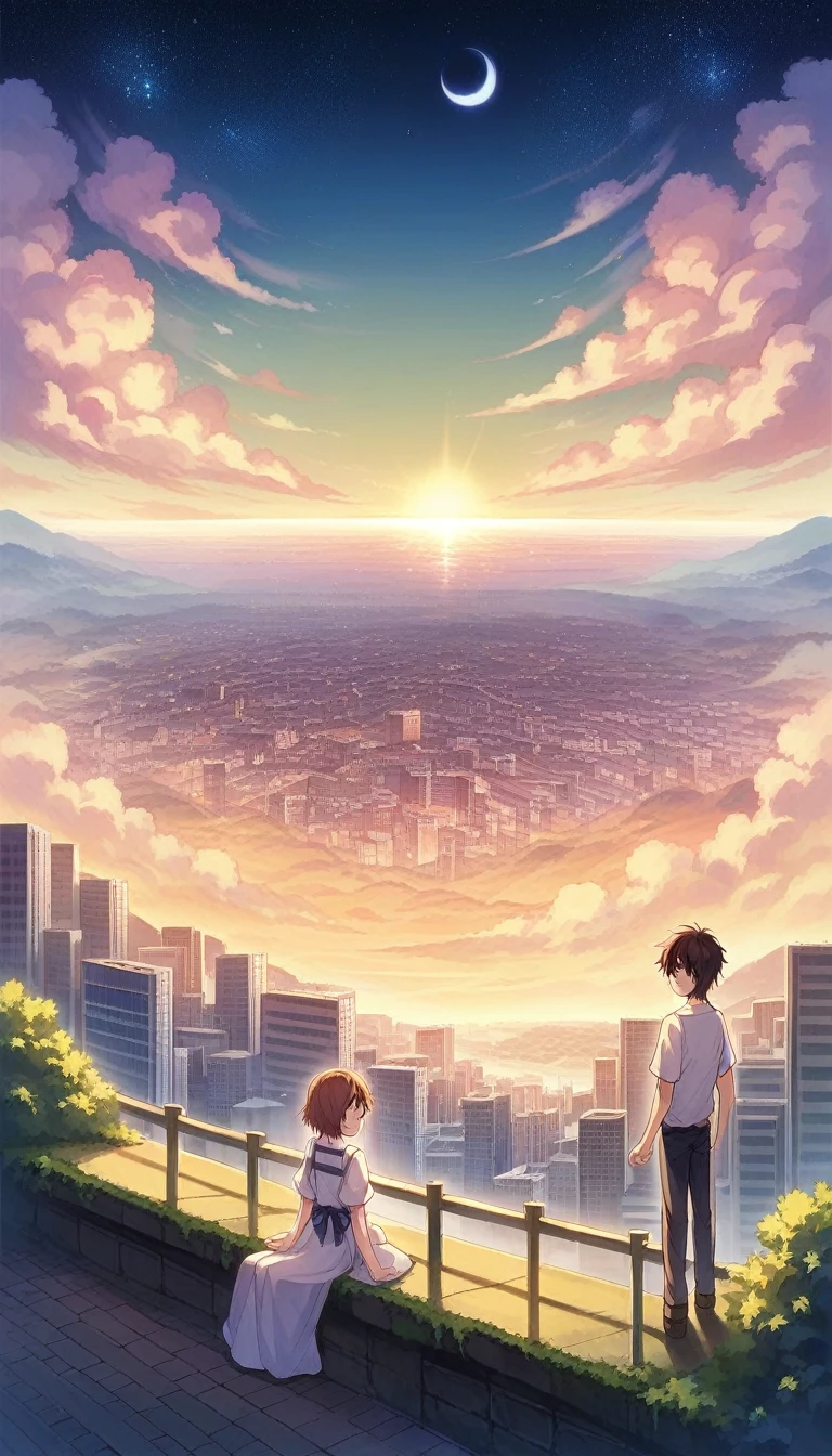 an iphone with an image of a city and the sun setting over it, watching the sun set. anime, anime. by makoto shinkai, hd anime cityscape, makoto shinkai. —h 2160, cosmic skies. by makoto shinkai, anime atmospheric, anime wallaper, by makoto shinkai, by Makoto Shinkai, beautiful anime scenery, makoto shinkai. high detail, ( ( makoto shinkai ) ), anime scenery, colorful anime movie background, anime movie background, anime background art, style of makoto shinkai, anime sky, beautiful anime artwork, anime background