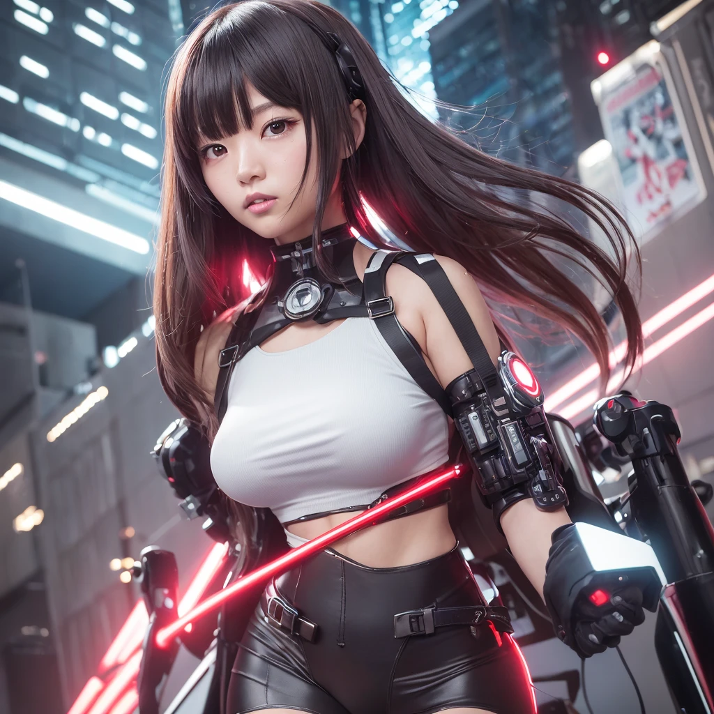 “A detailed illustration of Honami, a female cyborg ninja girl, standing in the midst of a bustling city crowd. She has brown straight hair with bangs and is wearing a white short-sleeved t-shirt with the word ‘サイボーグ’ written in black on the chest. Her entire body, except for her face and chin, is metallic and mechanized with visible red cybernetic enhancements. Honami is shown looking embarrassed, with a blush on her cheeks and a shy expression. The background shows a busy city street with people walking by, tall buildings, and neon signs. The art style is shonen manga-inspired with bold lines, detailed shading, and vibrant colors.”