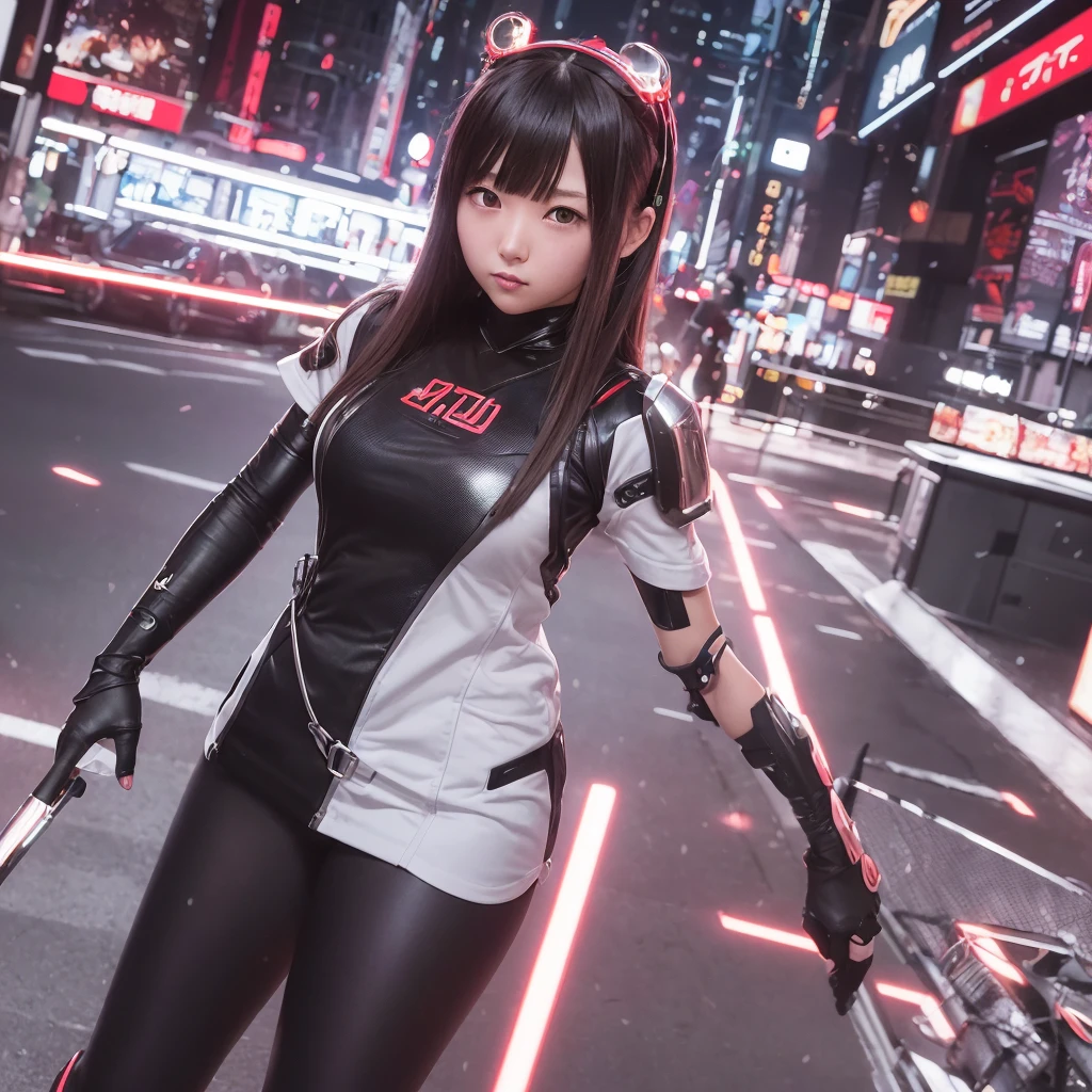 “A detailed illustration of Honami, a female cyborg ninja girl, standing in the midst of a bustling city crowd. She has brown straight hair with bangs and is wearing a white short-sleeved t-shirt with the word ‘サイボーグ’ written in black on the chest. Her entire body, except for her face and chin, is metallic and mechanized with visible red cybernetic enhancements. Honami is shown looking embarrassed, with a blush on her cheeks and a shy expression. The background shows a busy city street with people walking by, tall buildings, and neon signs. The art style is shonen manga-inspired with bold lines, detailed shading, and vibrant colors.”