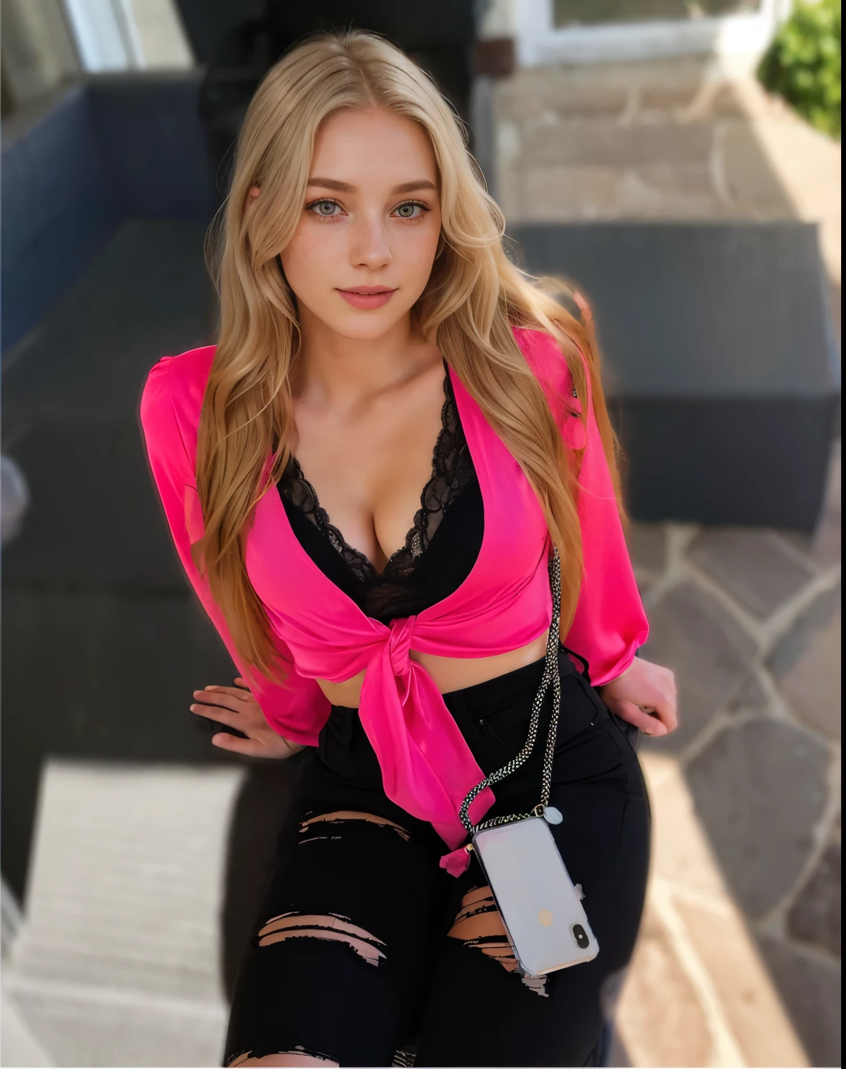 a one woman, americana, age 25, pale skin and freckles, grey-eyed, delicate nose, soft and delicate lips, distant, distant, wavy, waist-length blonde hair, Sweet smile, face with delicate feminine facial features, Highly Rendering