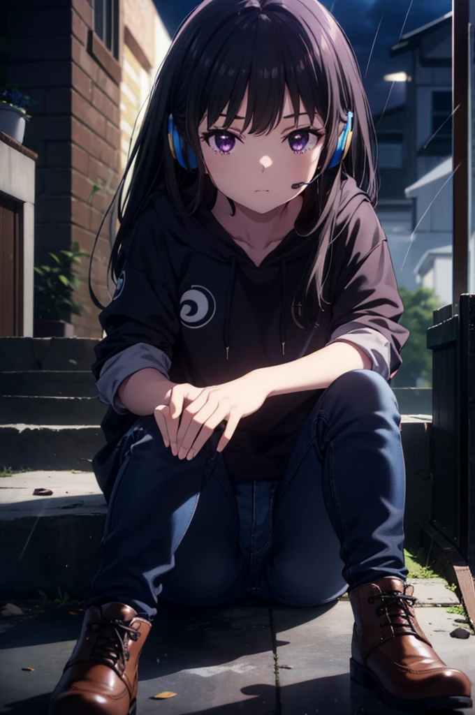 Takiuchikami, Check it out, Long Hair, bangs, Black Hair, (Purple eyes:1.2),Oversized blue hoodie,Wired headphones,jeans,short boots,Sitting on the steps of a building,Hiding in a roofed building,whole bodyがイラストに入るように,rain,cloudy,night,
break outdoors, Building district,
break looking at viewer, whole body,
break (masterpiece:1.2), Highest quality, High resolution, unity 8k wallpaper, (figure:0.8), (Beautiful attention to detail:1.6), Highly detailed face, Perfect lighting, Highly detailed CG, (Perfect hands, Perfect Anatomy),