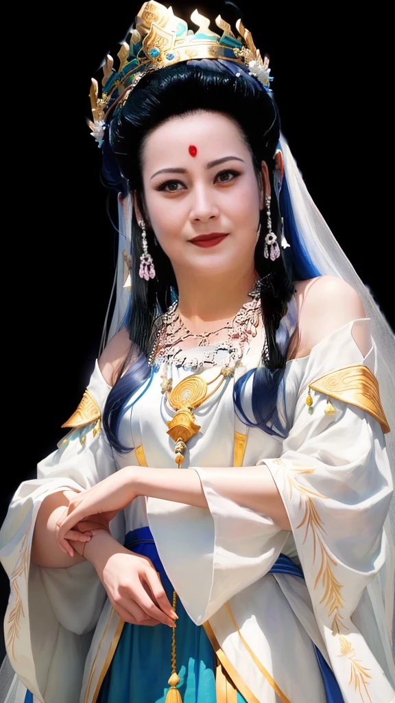 Wearing a blue and green dress、Covered in white sand，Arav woman wearing golden crown and red necklace, A young woman plays, ancient Chinese Princess, Portrait of a Modern Darna, Chinese Princess, Beautiful fantasy queen, Chinese Goddess, Chinese Queen, Inspired by trees, White Hanfu, Inspired by Guillaume, heise-lian yan fang