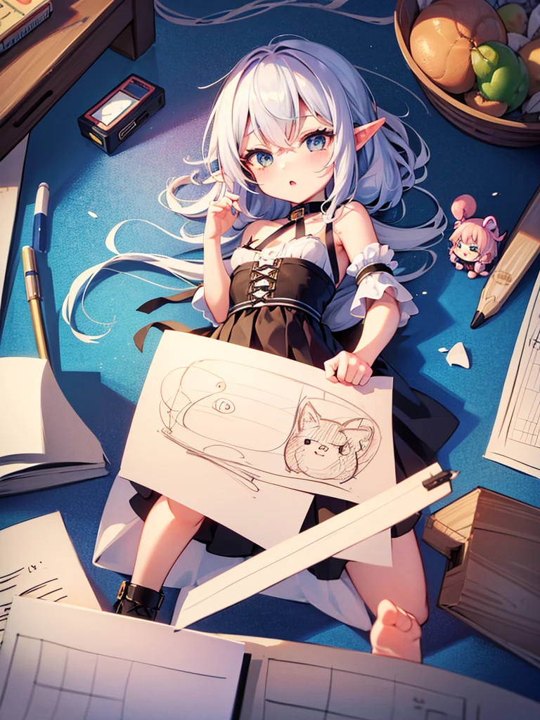 High resolution, 8K Ultra HD, ((one girl)), ((chibi style)), A small elf girl is holding drawing paper. On the drawing paper was a very detailed and accurate pencil drawing of a cat.