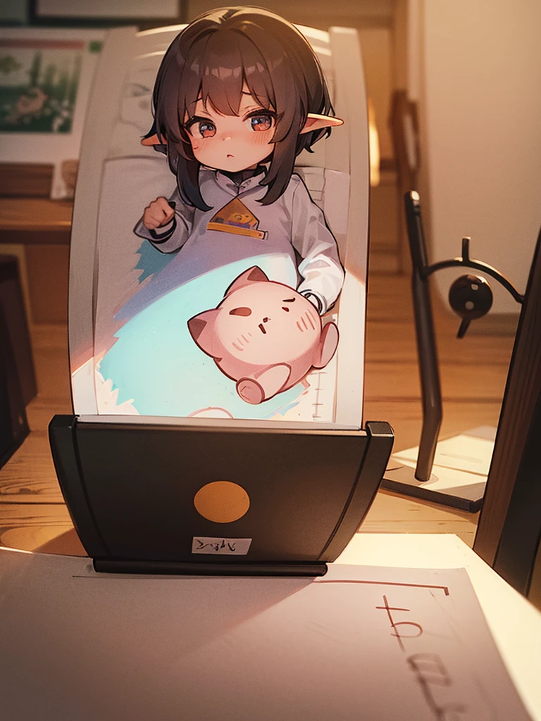 High resolution, 8K Ultra HD, ((one girl)), ((chibi style)), A small elf girl is holding drawing paper. On the drawing paper was a very detailed and accurate pencil drawing of a cat.