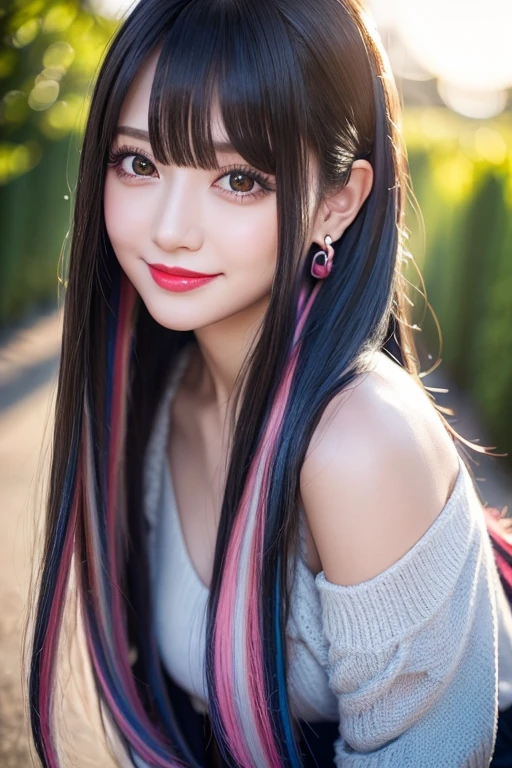 (((A real beauty))), RAW Photos, Black Hair、folder、Round eyes、False eyelashes、Straight Hair, correct、Pink lipstick、Striped Hair、Brown Hair、Blue Hair、(Dark blue hair)、(Gradient Hair)、Asymmetrical Hair、Hair behind the ear、Crossed bangs、Long Hair、(お尻までLong Hair)、Long Hair、Straight bangs、Smooth, silky hair、Hair up on one side、とんでもなくLong Hair、Light brown eyes、Ring Eye、Round eyes、Wicked Smile、A light smile、Cast a Shadow、(Extraordinary presence)、Atmospheric perspective、Backlight、Exposure、Lens flare、、最high quality、超High resolution、超High resolution、Very realistic, masterpiece、correct、Textured skin、high quality、最high quality、Awards、32k, 髪のfolder、Cunning、A light smile、Shy laugh、Redness in the ears、correct、Subjective、Shine、360° View、Very detailed、超High resolution、解剖学的にcorrect、masterpiece、Emphasize the chest、High resolution、High detail、Long eyelashes、A slight blush、Compensate, (((Full Body Shot)))、Arms raised pose、Shooting from a distance、Various angles of view、