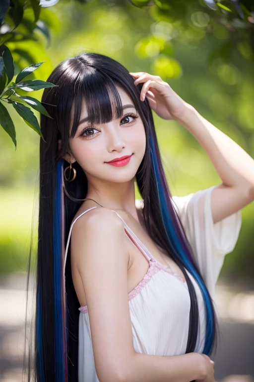 (((A real beauty))), RAW Photos, Black Hair、folder、Round eyes、False eyelashes、Straight Hair, correct、Pink lipstick、Striped Hair、Brown Hair、Blue Hair、(Dark blue hair)、(Gradient Hair)、Asymmetrical Hair、Hair behind the ear、Crossed bangs、Long Hair、(お尻までLong Hair)、Long Hair、Straight bangs、Smooth, silky hair、Hair up on one side、とんでもなくLong Hair、Light brown eyes、Ring Eye、Round eyes、Wicked Smile、A light smile、Cast a Shadow、(Extraordinary presence)、Atmospheric perspective、Backlight、Exposure、Lens flare、、最high quality、超High resolution、超High resolution、Very realistic, masterpiece、correct、Textured skin、high quality、最high quality、Awards、32k, 髪のfolder、Cunning、A light smile、Shy laugh、Redness in the ears、correct、Subjective、Shine、360° View、Very detailed、超High resolution、解剖学的にcorrect、masterpiece、Emphasize the chest、High resolution、High detail、Long eyelashes、A slight blush、Compensate, (((Full Body Shot)))、Arms raised pose、Shooting from a distance、Various angles of view、