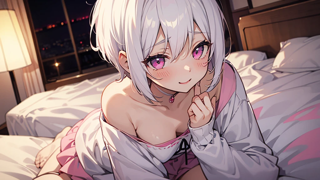 White Hair Girl、Pink Eyes、Short Hair、Only one girl、Night、In the bedroom、Blushing、laughing、Excited、Just One、Sitting on the bed、Wearing only underwear、Sweating、nsfw