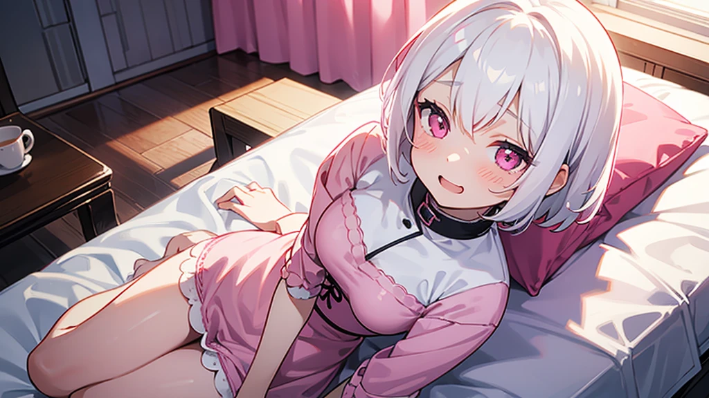 White Hair Girl、Pink Eyes、Short Hair、Only one girl、Night、In the bedroom、Blushing、laughing、Excited、Just One、Sitting on the bed、Wearing only underwear、Sweating、nsfw