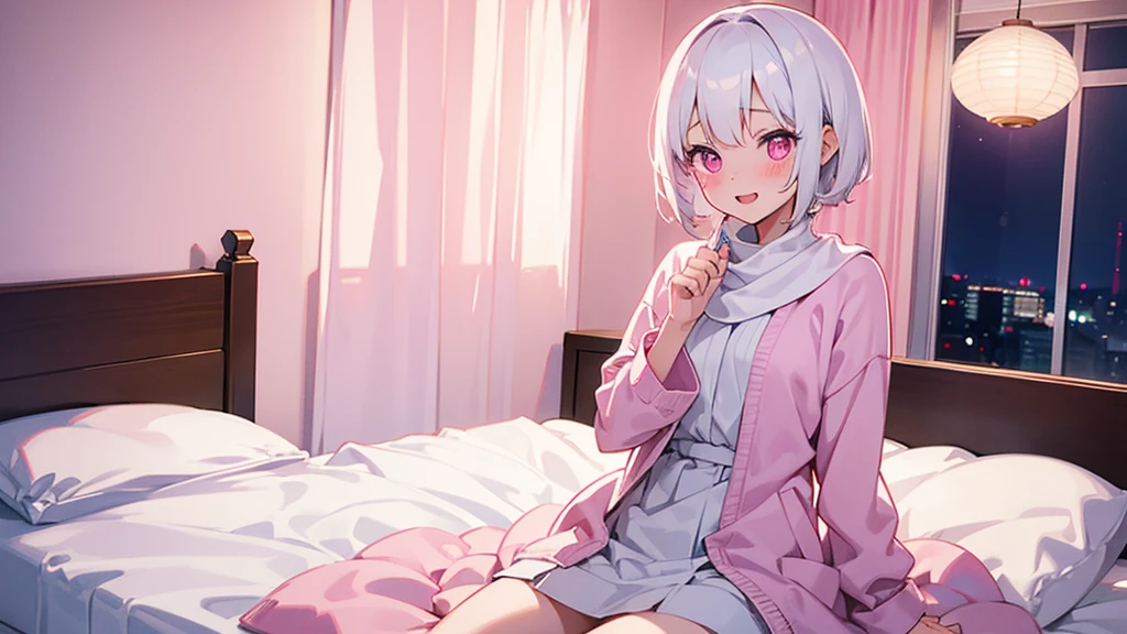 White Hair Girl、Pink Eyes、Short Hair、Only one girl、Night、In the bedroom、Blushing、laughing、Excited、Just One、Sitting on the bed