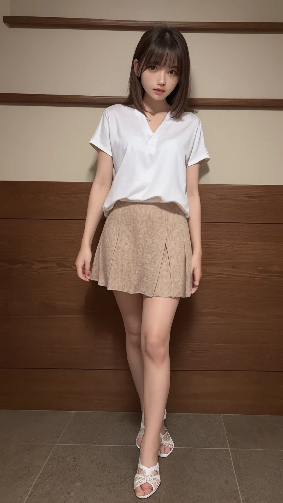 Full Body Shot、Beautiful legs、Cute Skirt、one girl, (a beauty girl, Delicate girl:1.3), (20age:1.3), break, (Cute Shirt:1.5), break, (stand), break, Very fine grain definition, (Symmetrical eyes:1.3), break, Ample breasts, Brown eyes, Parted bangs, Brown Hair, girl, break, (Eye and facial details:1.0), (Full Body Shot, Face Focus:1.0), break, (masterpiece, Highest quality, Super detailed, Detailed face, 8K)