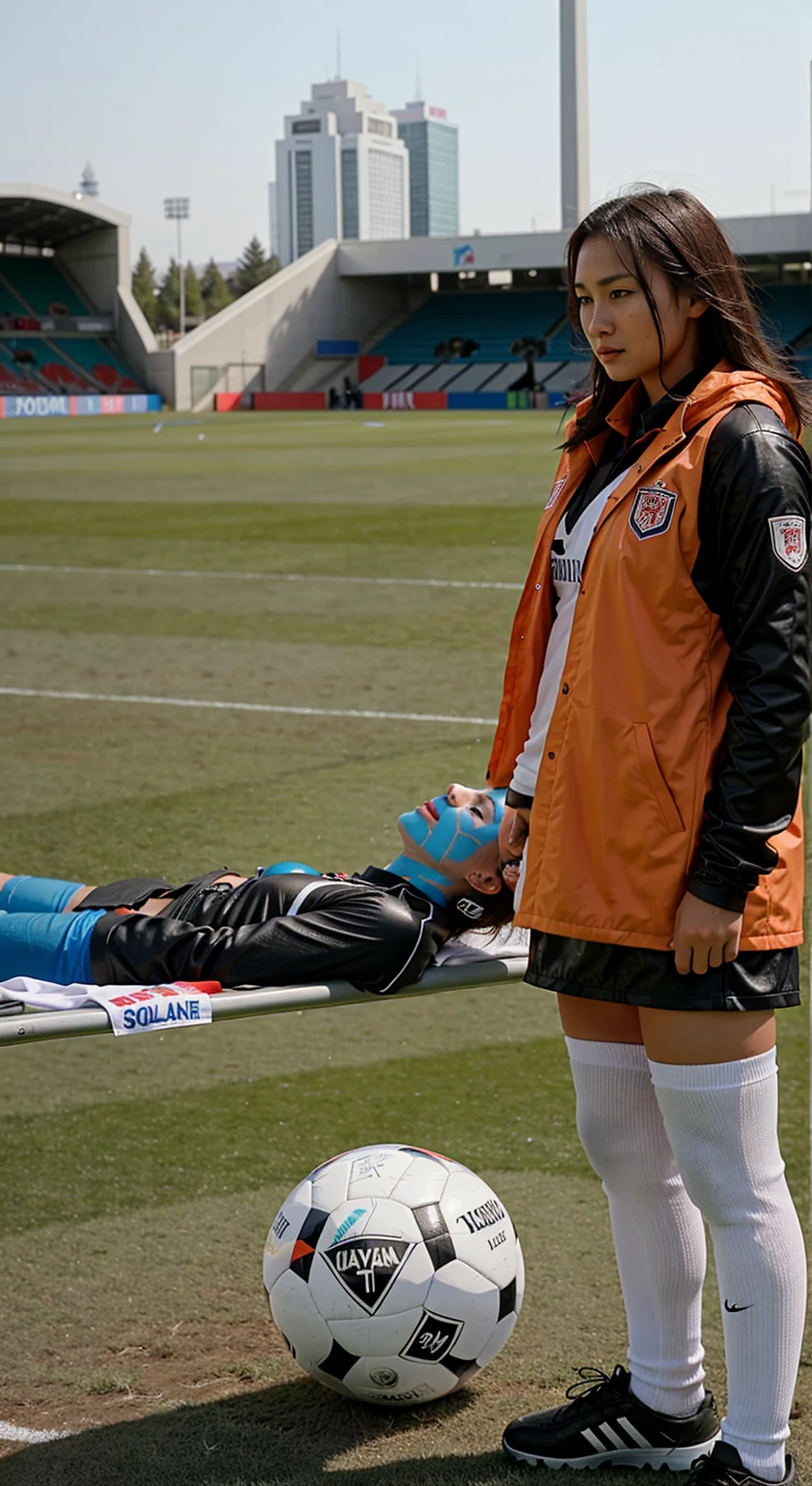 a male soccer player lying injured on a stretcher with his head to the right while being carried to the left by the girl on the photo, a male soccer player lying injured on a stretcher with his head to the right while being carried to the left by the girl on the photo, an injured soccer player is lying on a stretcher, A scene at a soccer stadium in Mongolia, There is an attractive and heavily made-up Mongolian female police officer in a long black leather coat, A Mongolian female police officer in a shiny black leather coat on a soccer field, A Mongolian female police officer is holding a stretcher, A man is lying on the soccer stadium his back with his torso on the right in matt and roughened white and red sportswear on a stretcher, a man lies on a stretcher and has his left arm bent over his face, we only see the torso and thighs of the male athlete who is being carried with the stretcher to the left off the picture, the man lies on his back on the stretcher and covers his face with his bent left arm, the mongolian policewoman is exceptionally heavily made up and has an extremely desperate and very angry expression on her face, high-resolution photo, realistic sports photo, soccer scene, mongolia, mongolian policewoman, uniformed woman in black shiny long leather coat, injury scene, real photo, ultra realistic, high definition, sports photography