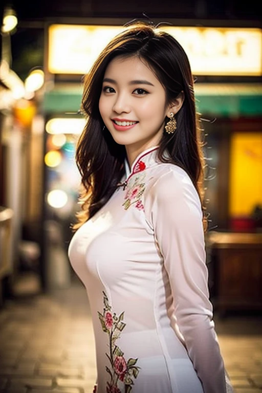 (a beautiful Chinese lady, age 18, Vietnamese traditional dress Ao Dai, walking in Hanoi night market, friendly expression, dimpled smile, cute snaggle-tooth,  beautiful detailed face, beautiful detailed eyes, ample round bosom, photorealistic, hyper-realism, high contrast, ultra HD, realistic skin textures, top image quality, top-quality, super high resolution, fine details, very meticulously, masterpiece, head to hips, the Cowboy shot, vibrant atmosphere, bokeh background)