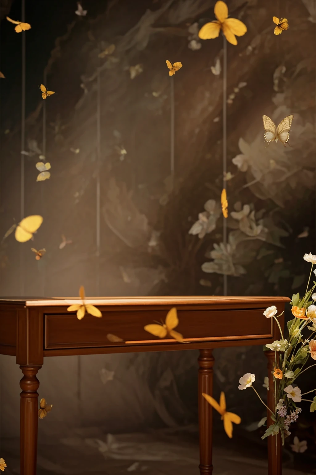 there is a table with a bunch of flowers and butterflies flying around, personal room background, background artwork, dreamlike digital painting, magical composition, wallpaper - 1 0 2 4, dreamy atmosphere and drama, elegant digital painting, baroque digital painting, beehive interior backgrounds, fairy tale style background, inspired by Rachel Ruysch, still life photo of a backdrop