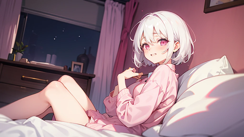 White Hair Girl、Pink Eyes、Short Hair、Only one girl、Night、In the bedroom、Blushing、laughing、Excited、Just One、Sitting on the bed