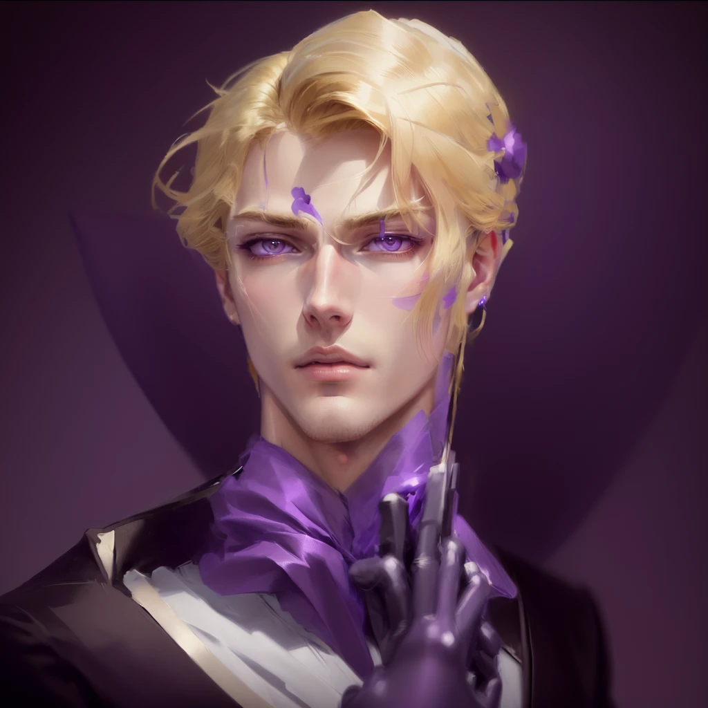 Close-up of a man with blond hair and a purple shirt, beautiful androgynous prince, gentle androgynous prince, handsome guy in demon slayer art, Jojo in anime style, Johan Liebert teaming up with Alucard, made in an anime artist&#39;s studio, Anime portrait of a handsome man, Johann Liebert and Dante, drawn in an anime artist&#39;s studio, androgynous face