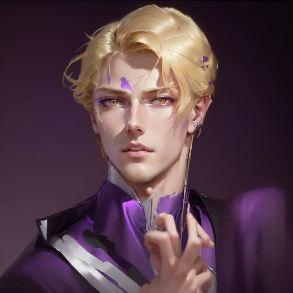 Close-up of a man with blond hair and a purple shirt, beautiful androgynous prince, gentle androgynous prince, handsome guy in demon slayer art, Jojo in anime style, Johan Liebert teaming up with Alucard, made in an anime artist's studio, Anime portrait of a handsome man, Johann Liebert and Dante, drawn in an anime artist's studio, androgynous face