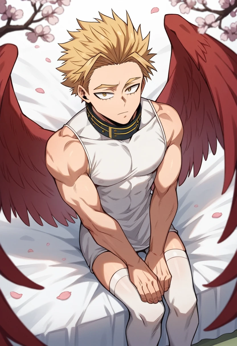 only, boy blonde hair slicked back, some front strands, gold eyes, white sleeveless long collar thigh-length shirt dress, long stockings above the knees, With curves, delicate, red wings on his back, sitting on his knees on a bed holding a Dabi plush, with cherry blossoms, Boku no hero academia, Hawks 