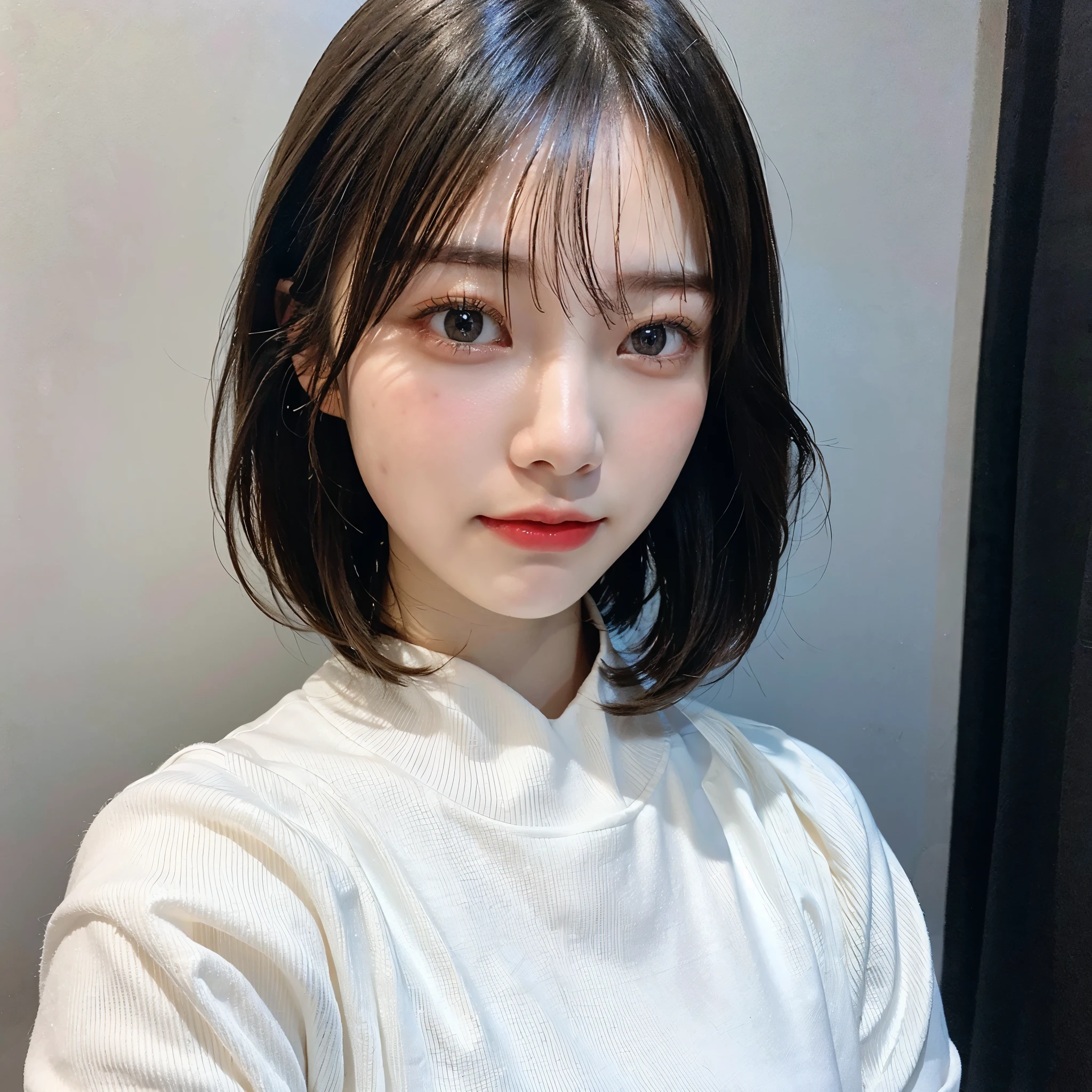 Visual blockbuster on the theme of hairstyle, Chinese girl with short hair, fashionable clothing with light hair, Chinese girl looking frontally at the camera, without makeup highlighting the texture and pores of facial skin, full color picture, close up - white solid background