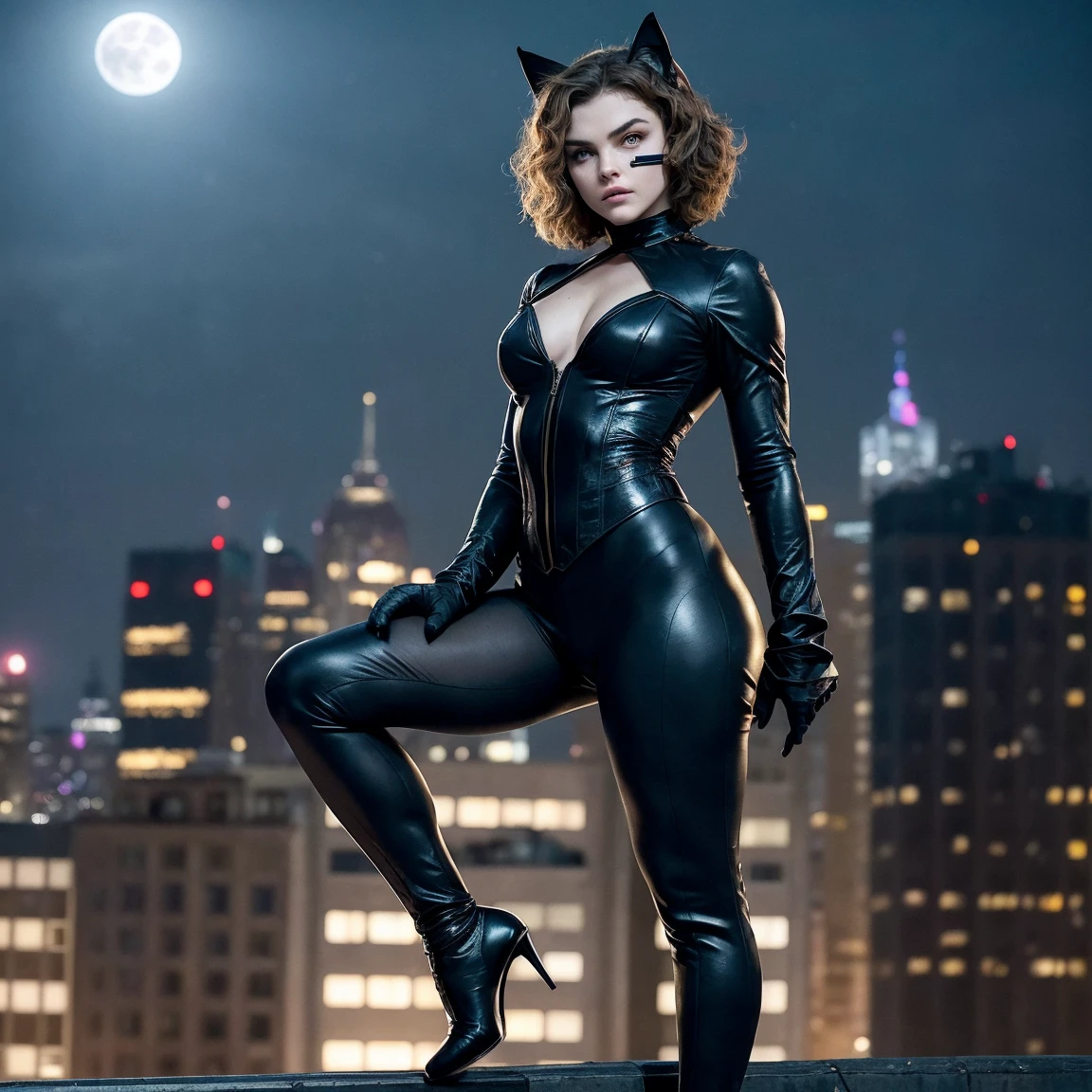 Camren bicondova, actress from the TV series Gotham, night, full moon in sky, clear sky, in catwoman costume with open face, Mask with cat ears, bouffant hairstyle, full length, standing and leaning forward, on the roof of the building, City Gothamfrom DC Comics,  bare legs,  legs open , seductive pose, nsfw