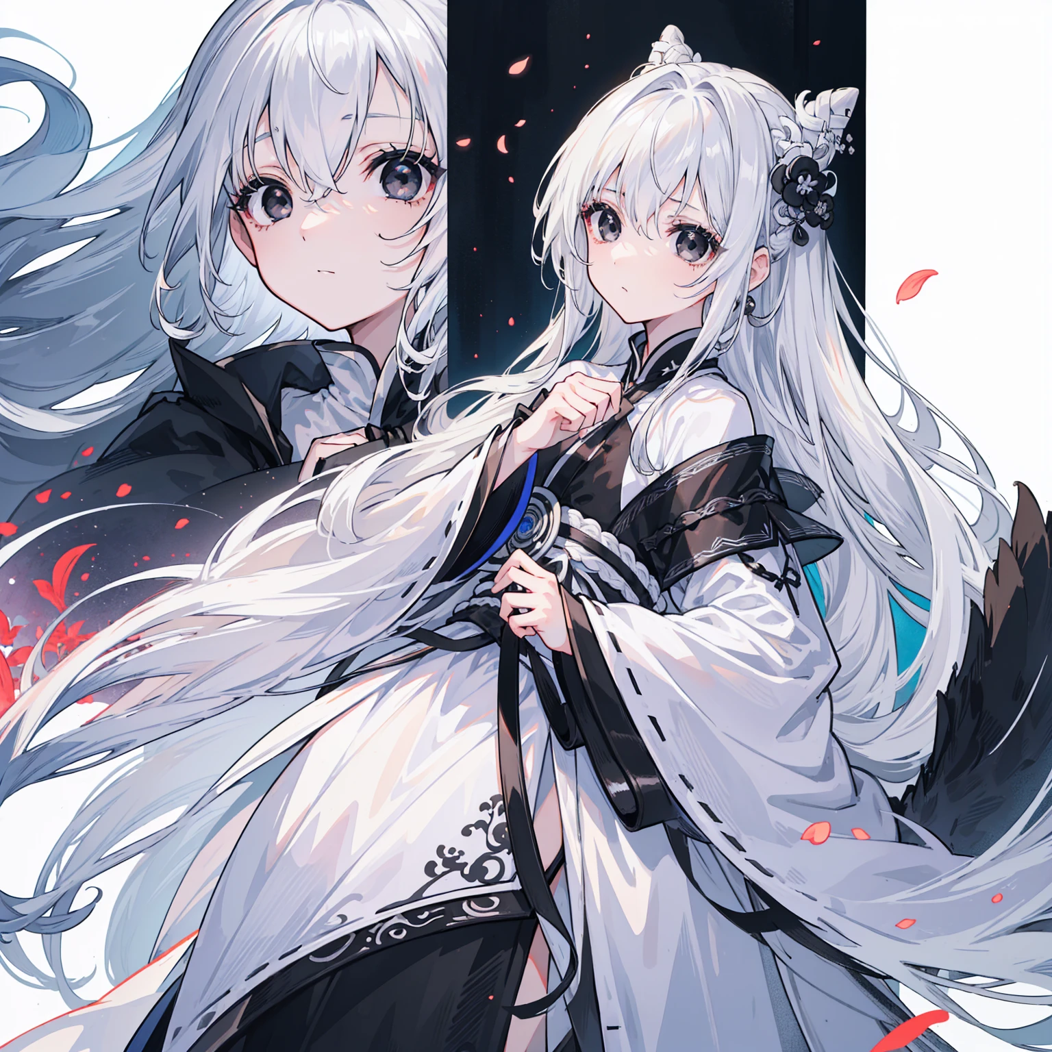 (Top image quality)、(Ultra Detailed)、(Facing forward)、top quality、masterpiece、(((1 girl)))、Silver Hair、white hair、((Long hair))、(black eyes:1.6)、(Hanfu)