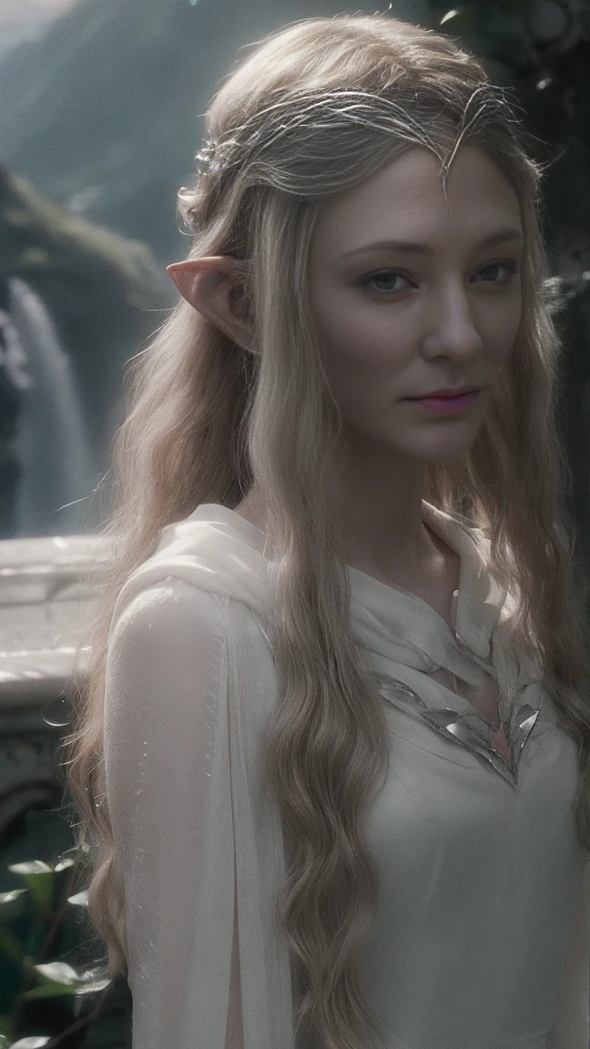 Galadriel elf, white wavy very long hair, cinematic, with Rivendale in the background, magical atmosphere, silver pollen, glow, glare